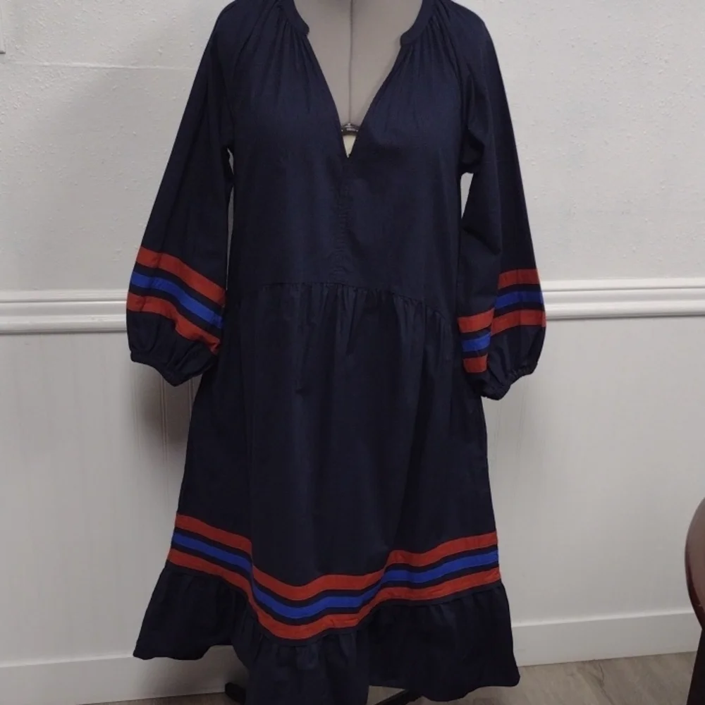 Sundry 100% Cotton Navy Midi Dress with Red and Blue Accents Boho BohemianCasual - Picture 3 of 12